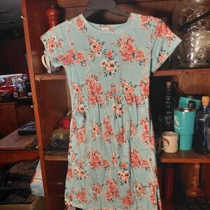 21 Kids Size 12 Aqua Dress Pink/red Roses Midi